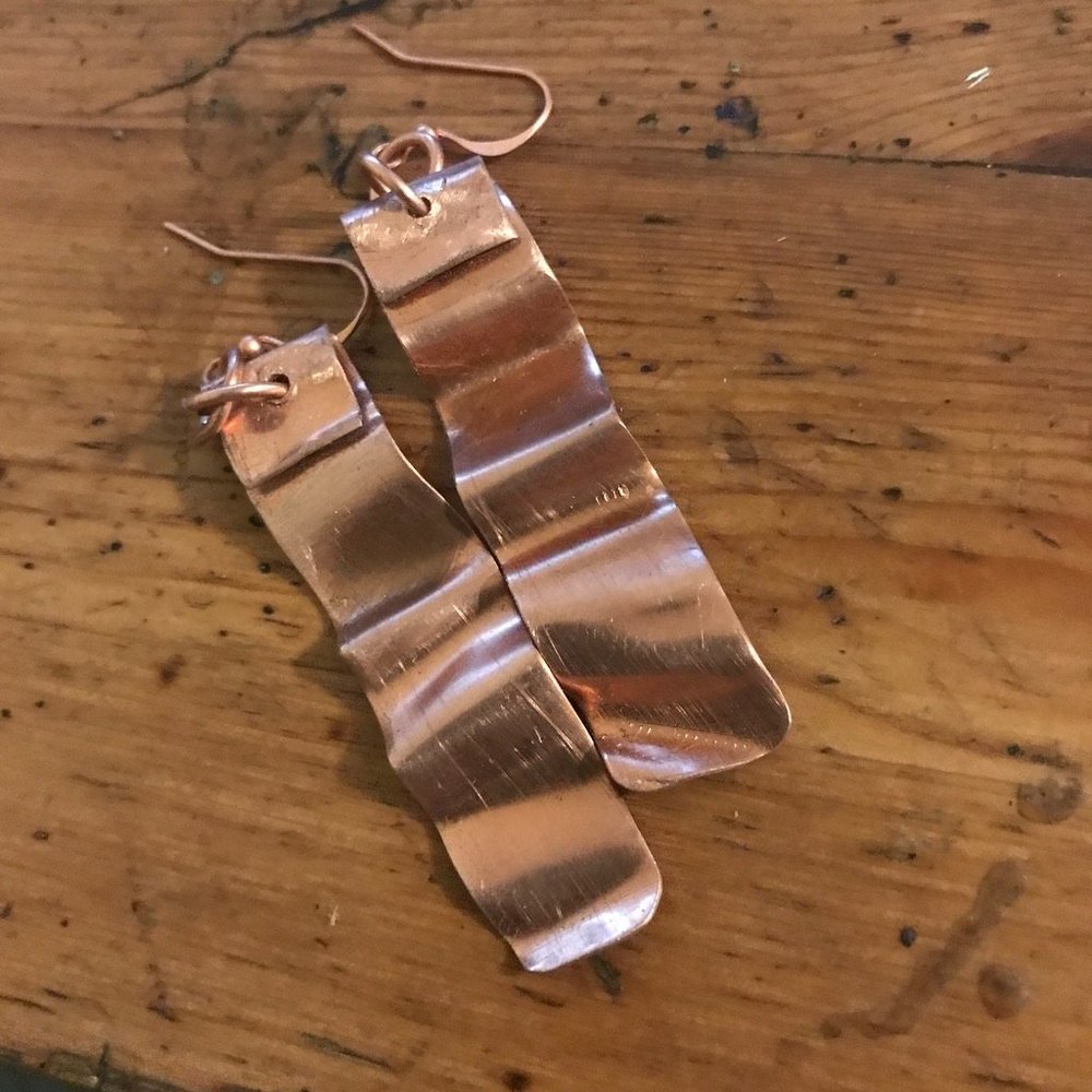 Long Pure Copper Solid Tribal Rustic Earrings Drop Boho Handmade Organic Folded - Picture 7 of 7